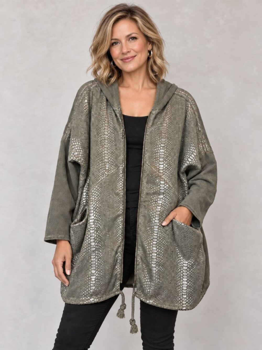Gigi Moda Hooded Jacket Olive Metallic Snakeskin Lagenlook Made in Italy XL